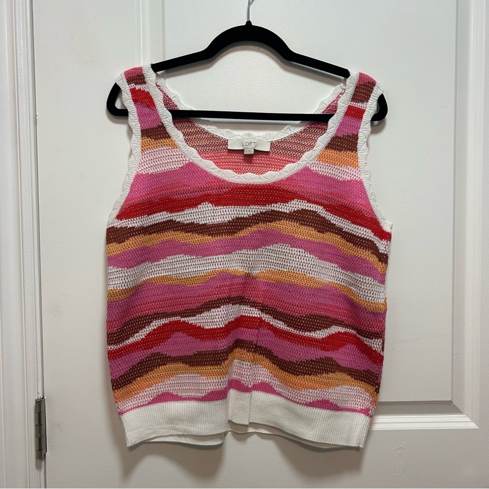 LOFT Pink, White & Brown Striped Knit Tank